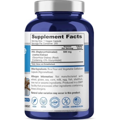 DGL, Extrato de Raiz de Alcaçuz Deglicirrizinado,500mg, 200 Cápsulas, NusaPure