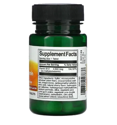 Vitamina B12, Metilcobalamina, 2500mcg, 60 Comprimidos Sabor Cereja, Swanson