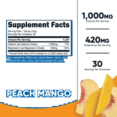  Cálcio e Magnésio, Peach Mango, 1000mg, 30 Gramas - Nutricost
