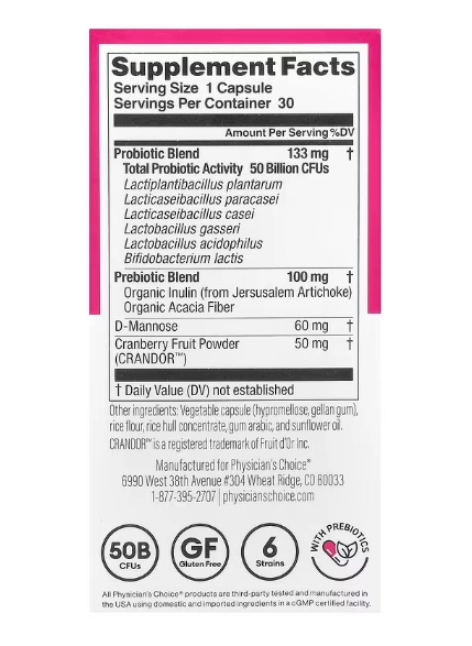 Probiótico Feminino, 50 Bilhões de UFCs, 30 Cápsulas, Physician's Choice