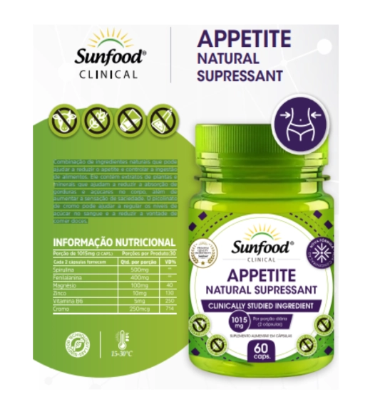 Appetite Natural, Reduzir o apetite, 1015mg, 60 Cápsulas, Sunfood