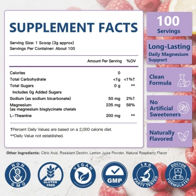 Magnesium Glycinate Powder, Sabor Framboesa e Limão, 300g, Dr Foster