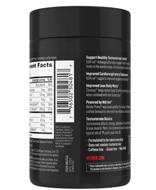 Testosterone Support, Ashwagandha e Peperine, 120 Capsulas,  Weider Prime