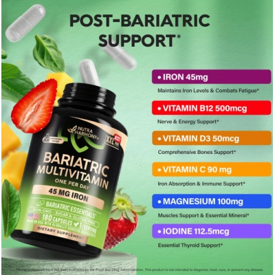 Bariatric Multivitamin, Multivitamínico Bariátrico 21 Vitaminas Essenciais com ferro 45mg, 180 Cápsulas, Nutraharmony