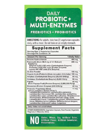 Probiótico + Multienzimas Diários 4 Bilhões, 60 Cápsulas, Nature's Truth