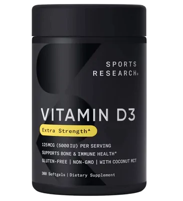 Vitamina D3, 5000IU, Infundida com óleo de coco, 360 Mini Cápsulas, Sports Research
