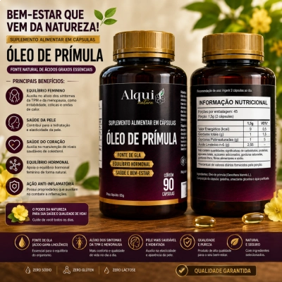 Suplemento de Óleo de Prímula, Fonte de GLA para Suporte Hormonal e Saúde da Pele, 90 Cápsulas, Alquimia