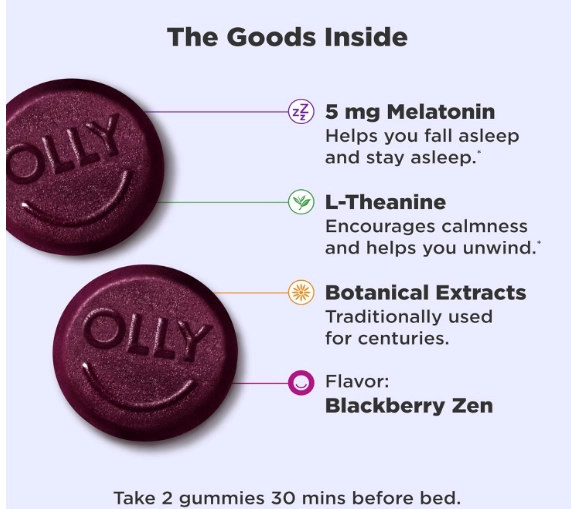 Extra Strength Sleep, Melatonina 5mg, com L-teanina, 60 Gomas Sabor Blackberry, OLLY