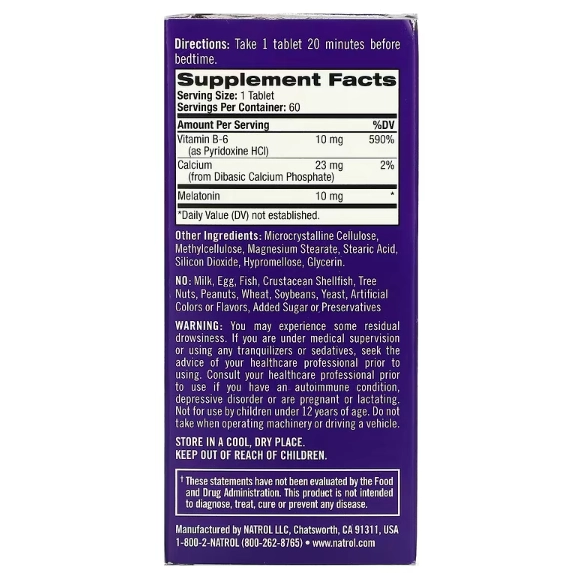 Melatonina, 10mg, Time Release (Liberação Prolongada), 60 Comprimidos, Natrol