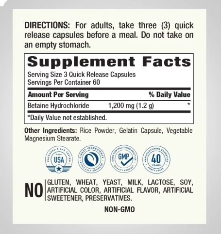 Betaína HCl, 1200mg (por porção), 180 cápsulas, Pipingrock