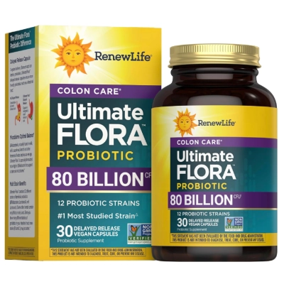 Ultimate Flora Probiotic Colon Care, Probiótico para Cuidados com o cólon, 80 bilhões de UFC, 30 Cápsulas, Renew Life