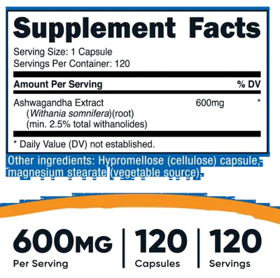 Ashwagandha Root, 600mg, 120 Cápsulas, Nutricost
