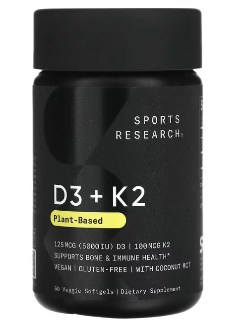 Vitamina D3 125mcg + K2100 mcg, À Base de Plantas, 60 Cápsulas, Sports Research
