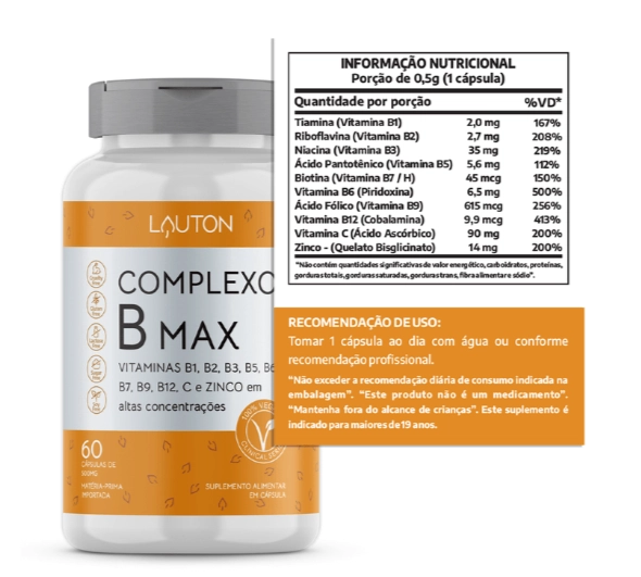 Complexo B Max, 60 Cápsulas, Lauton Nutrition