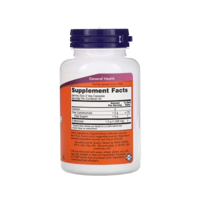 D-Mannose 500mg, Saúde da Bexiga, Conforto Urinário e Qualidade de Vida, Cápsulas, Now