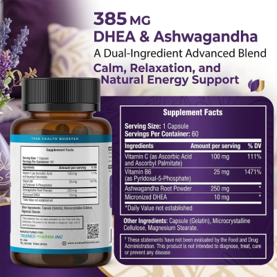 DHEA com Ashwagandha 10mg, 60 Cápsulas Veganas, TrueMed