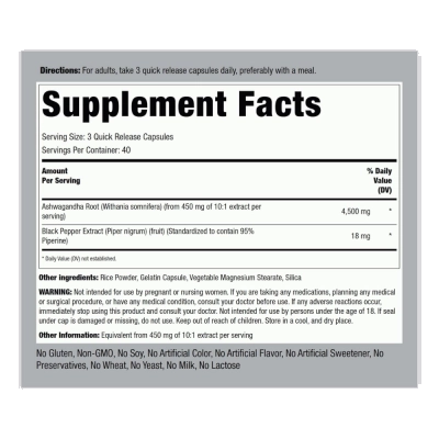 Ashwagandha, 4500mg, 120 Cápsulas, PipingRock