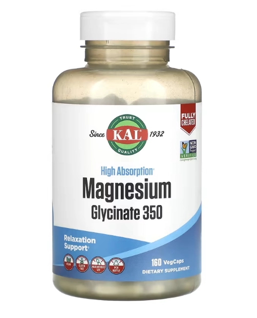 Glicinato de Magnésio de Alta Absorção, 350mg, 160 VegCaps, KAL