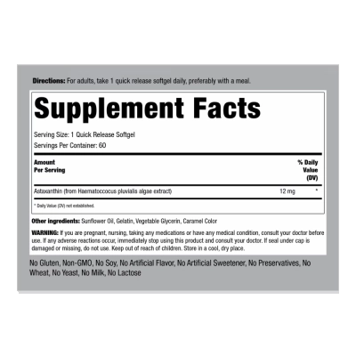 Suplemento de Astaxantina 12mg, Antioxidante e Saúde da Pele, 60 Softgels, Piping Rock