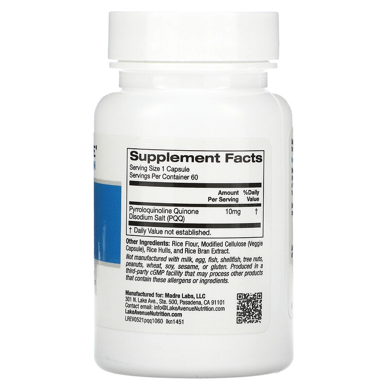 PQQ (pirroloquinolina quinona), 10 mg, 60 cápsulas, Lake Avenue Nutrition