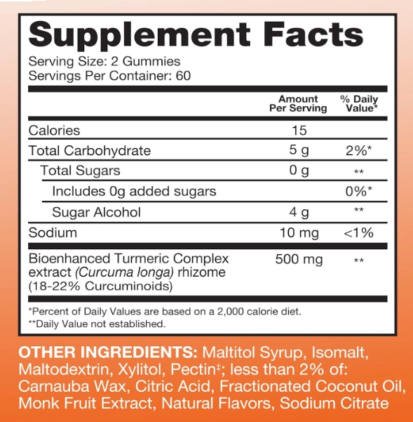 Turmeric, Cúrcuma 500mg, 120 Gomas Sabor Tangerina Zero Açucar, Qunol