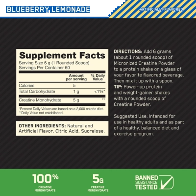 Creatina Micronizada, Força e Recuperação, 360gr, Blueberry Lemonade, Optimum Nutrition