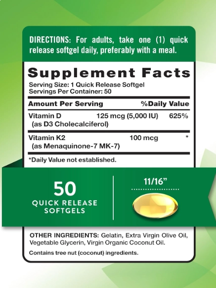 Complexo de Vitamina K2 e MK7 + D3, 800mcg, 50 Cápsulas, Nature's Truth