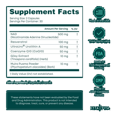 NAD+ Lipossomal, 500mg, Energia Celular e Vitalidade, 60 Cápsulas, ETTA VITA