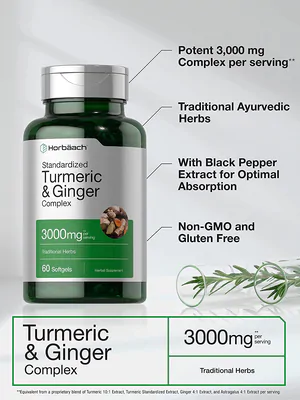 Cúrcuma, Gengibre e pimenta negra, (turmeric & ginger) 3000MG, 60 capsulas, Horbaach