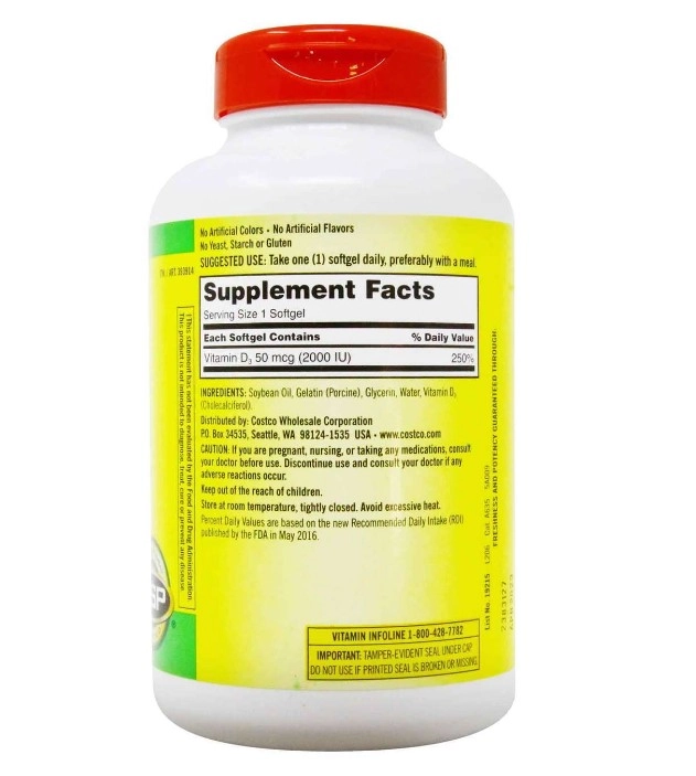 Vitamina D3, 2,000 IU, 600 Cápsulas em Gel, Kirkland