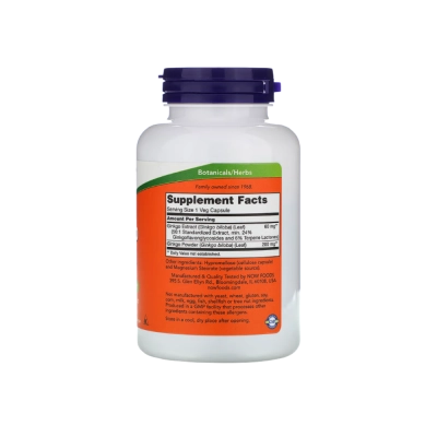 Ginkgo Biloba 60mg, Melhora Memória, Foco e Circulação, Desempenho Mental, Cápsulas, Now