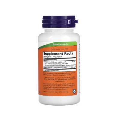 Ginkgo Biloba 60mg, Melhora Memória, Foco e Circulação, Desempenho Mental, Cápsulas, Now