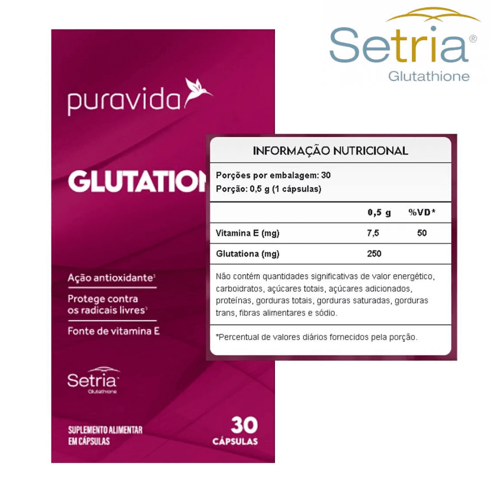 Glutationa Com Selo Setria 250mg + Vitamina E - 30 Cápsulas - Puravida