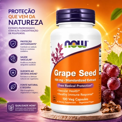 Grape Seed, Semente de Uva, Extrato Padronizado, 100mg, 100 Cápsulas, Now