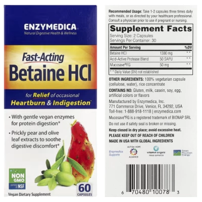 HCl de Betaína, Cápsulas, Enzymedica