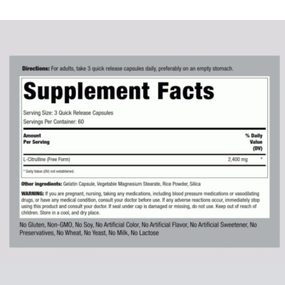 L-Citrulina 2400mg, 180 Cápsulas, PipingRock