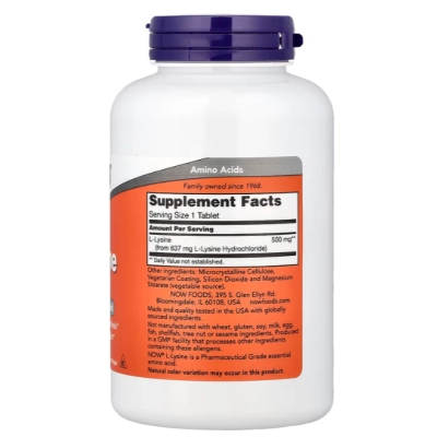 L-Lisina, 500mg, Comprimidos, Now