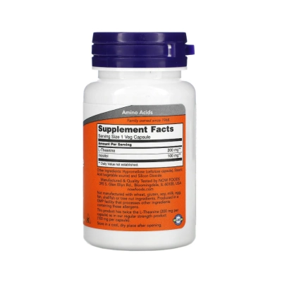 L-Theanine 200mg Dosagem Dupla, Relaxamento, Foco e Redução da Ansiedade, Cápsulas, Now