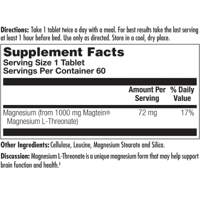 Magnésio L-Treonato com Magtein 2000mg, Suporte à Função Cognitiva, Aprendizado e Saúde Neural, 60 Tablets, KAL