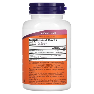 Magtein (Magnesium L- Threonate), 90 Cápsulas, Now