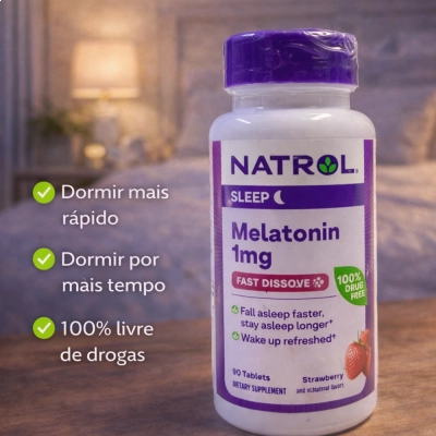 Melatonina, 1mg, Sublingual, Sabor Morango, 90 Comprimidos, Natrol