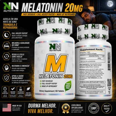 Melatonina 20mg, 50 Comprimidos Sublingual Sabor Morango, KN Nutrition