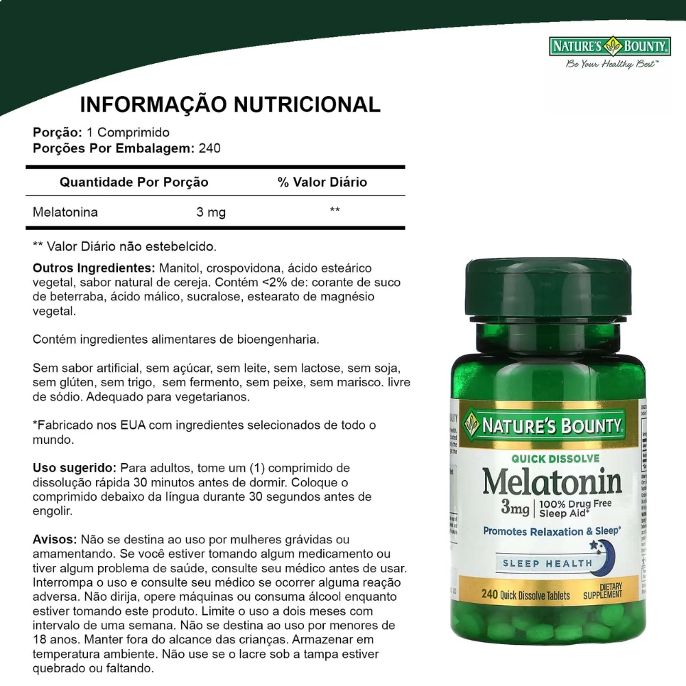 Melatonina 3mg, Sublingual, 240 Comprimidos, Nature's Bounty
