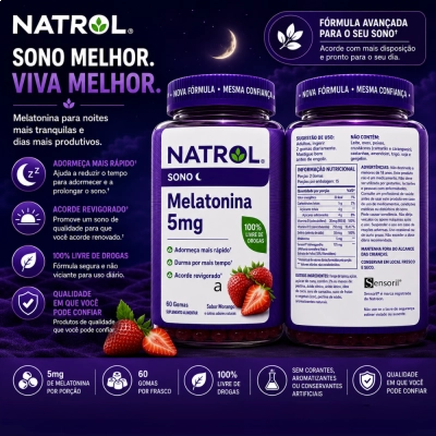 Melatonina 5mg, 60 Gomas Sabor Morango, Natrol