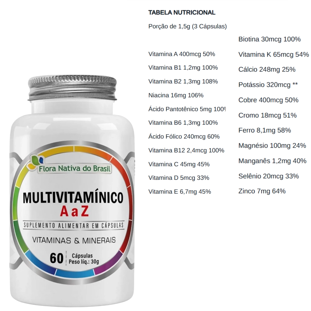 Multivitamínico A a Z 500mg 60 Cápsulas - Flora Nativa