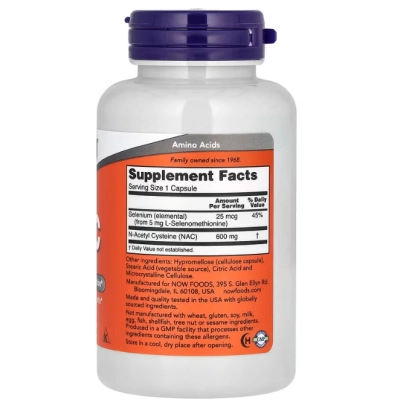 NAC 600mg, N-acetilcisteína, Cápsulas Opções, Now