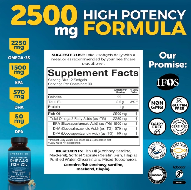 Ômega 3, 2500Mg, Com ácidos Graxos Reesterificados, 180 cápsulas, Viva Naturals