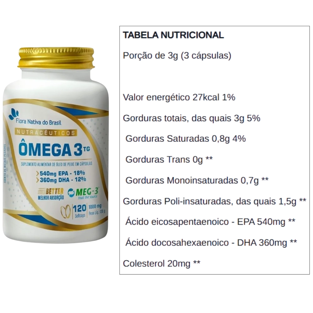 Ômega 3 TG (18% EPA / 12% DHA) 1000mg 120 cápsulas - Flora Nativa do Brasil