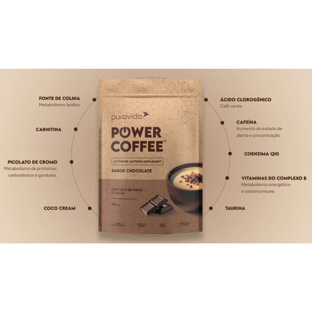 Power Coffee Suplemento de Cafeína Ativada Sabores, 180g-Puravida