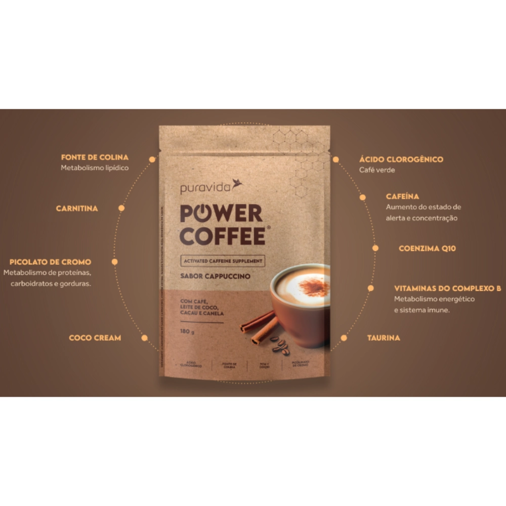 Power Coffee Suplemento de Cafeína Ativada Sabores, 180g-Puravida